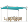 Outdoor pergola with turquoise retractable canopy and sturdy aluminum frame, perfect for outdoor dining and gatherings.