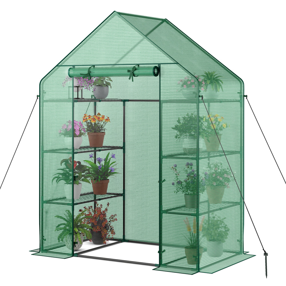 Portable 4 tier walk-in plant greenhouse with 8 shelves, featuring a rust-resistant design for optimal plant growth.