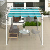 Outdoor pergola with turquoise retractable canopy and aluminum frame, ideal for patio relaxation and weather.