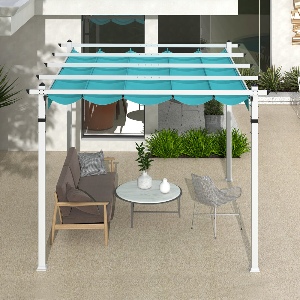 Outdoor pergola with turquoise retractable canopy and aluminum frame, ideal for patio relaxation and weather.