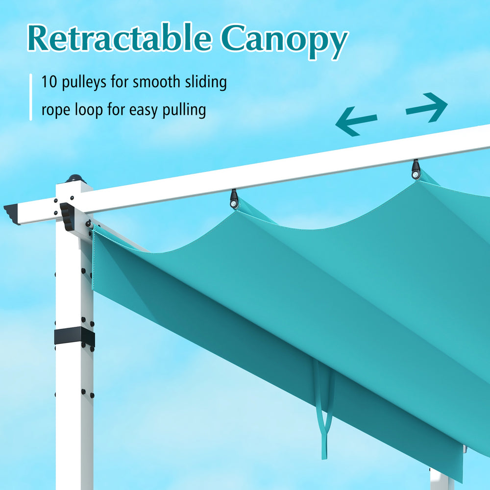 Retractable turquoise canopy with pulleys and rope loop for easy adjustment on outdoor pergola aluminum frame.