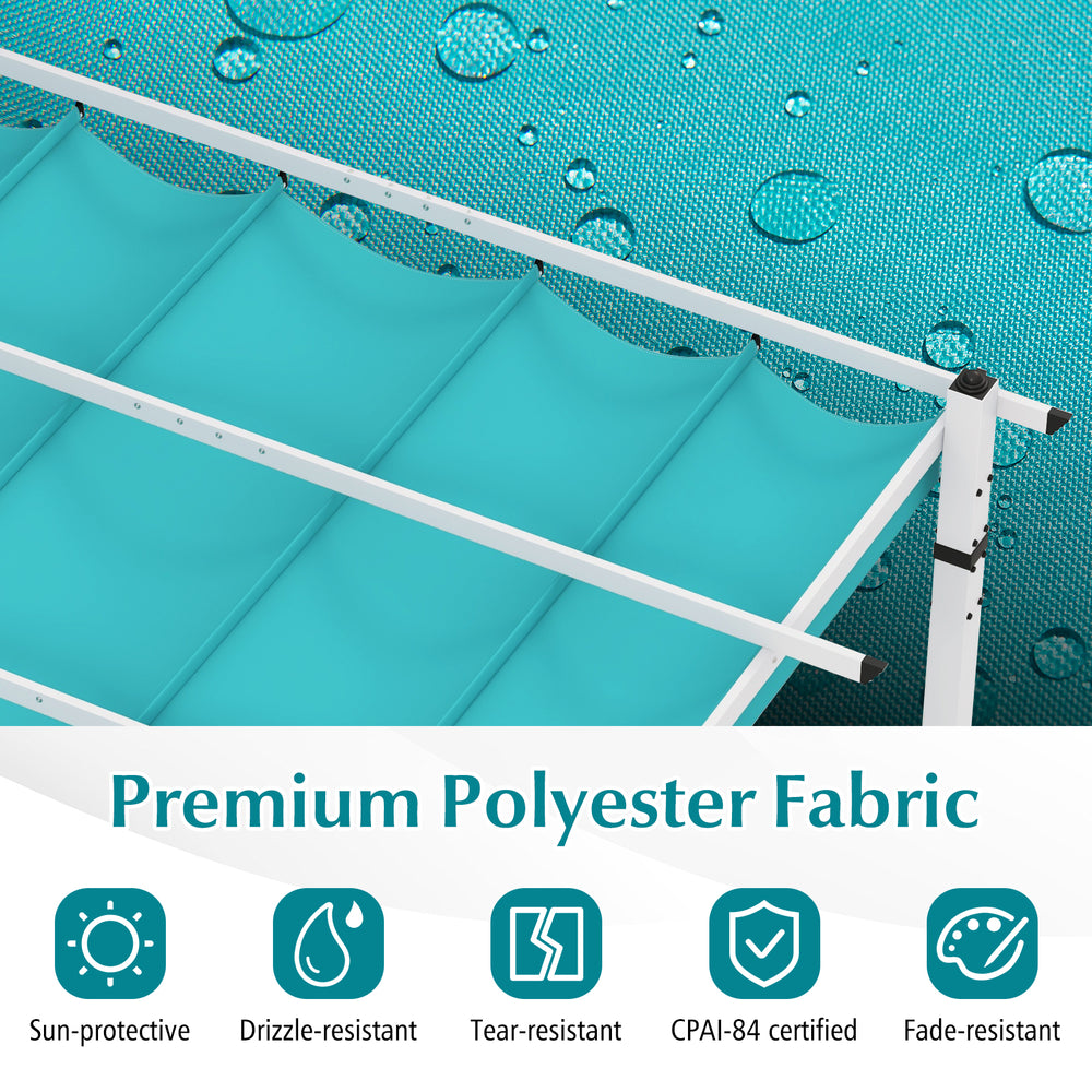 Turquoise retractable canopy of outdoor pergola with premium polyester fabric, sun-protective and fade-resistant.