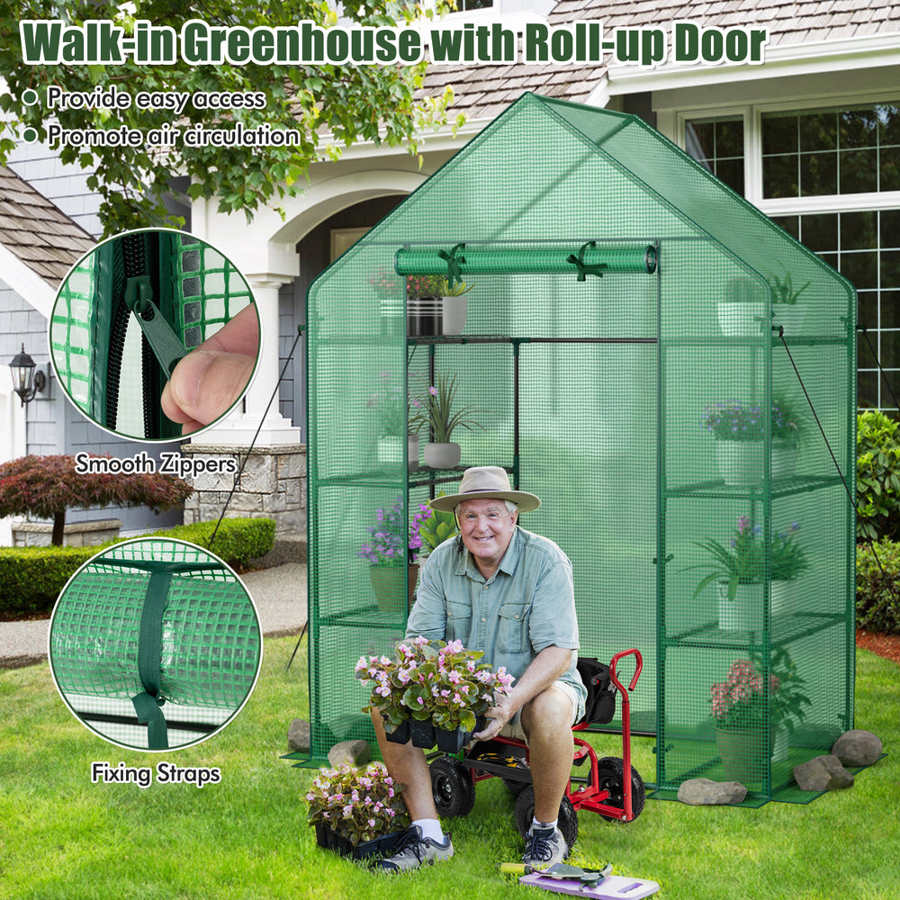 Portable 4 tier walk-in greenhouse with roll-up door, featuring 8 shelves for optimal plant growth and sunlight.