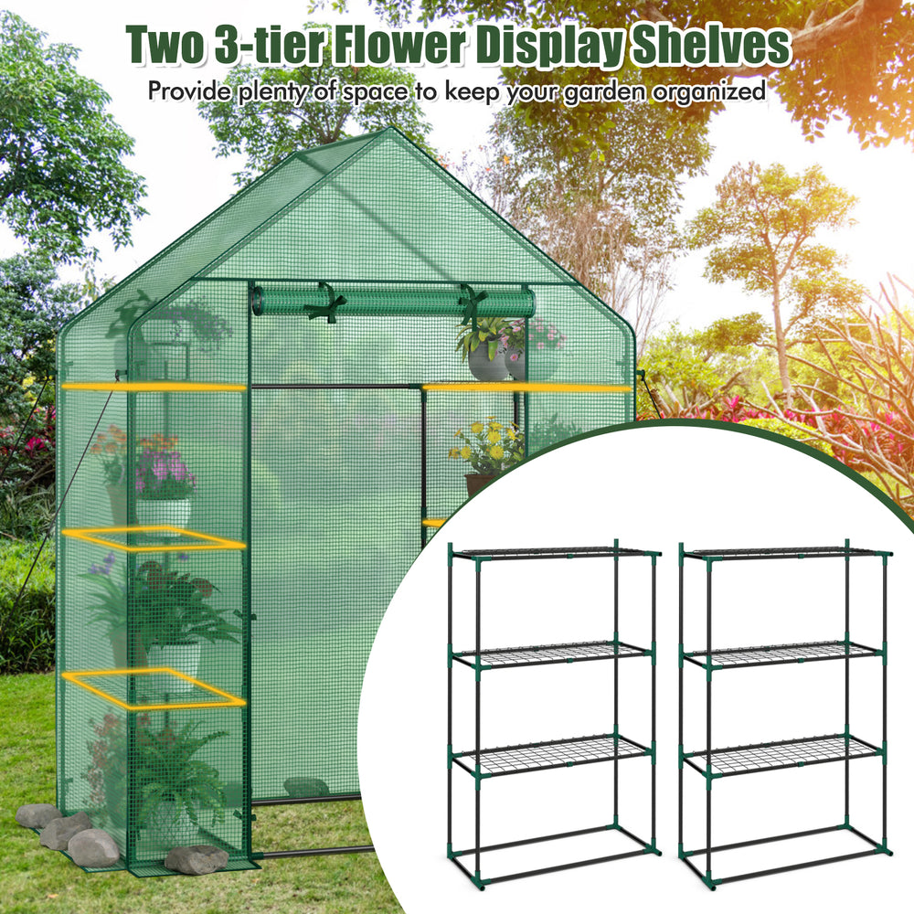 Portable 4-tier walk-in greenhouse featuring 8 rust-resistant shelves for optimal plant growth and sunlight exposure.