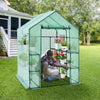 Walk-in greenhouse with observation windows, featuring a roll-up door and eight shelves for gardening plants and.
