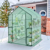 Walk-in greenhouse made of PE material with observation windows, featuring 8 shelves for plants, ideal for gardening.