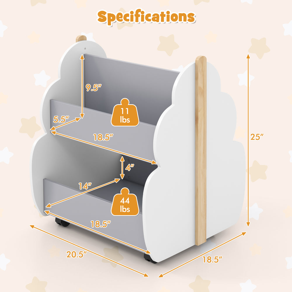 Kids wooden bookshelf with universal wheels in gray, featuring a cute tree shape and double-sided storage design for.