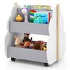 Kids wooden bookshelf in gray with tree-shape design, double-sided storage, and universal wheels for easy mobility.