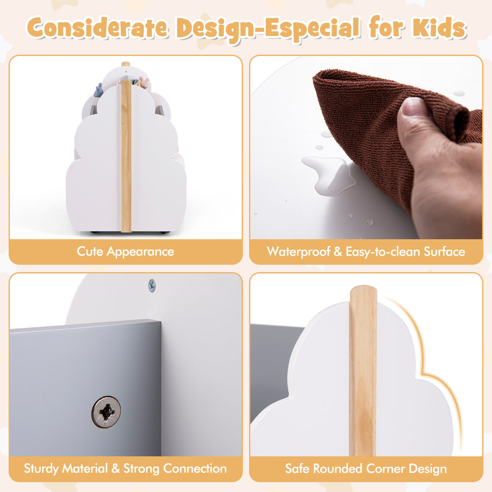 Kids wooden bookshelf with a cute tree shape, gray color, waterproof surface, and universal wheels for easy mobility.