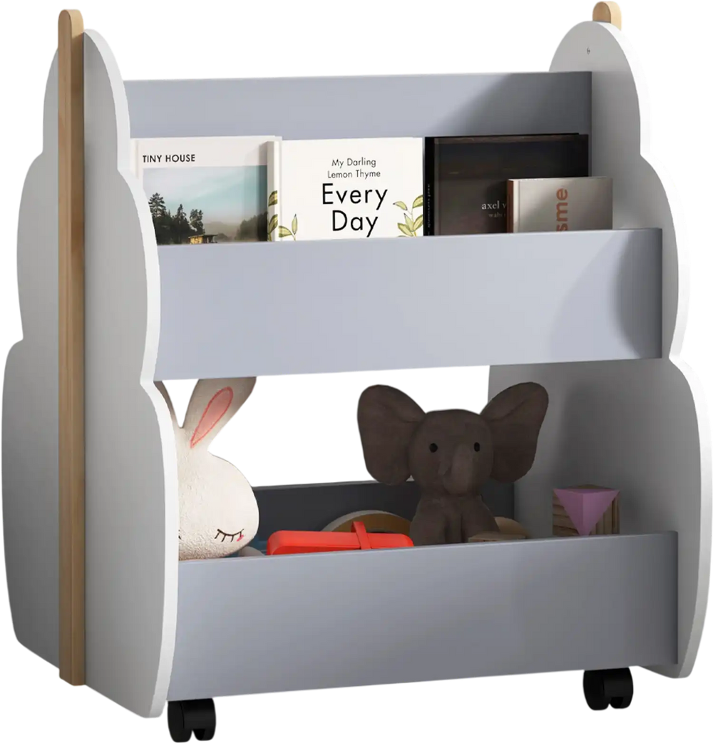 Kids wooden bookshelf in gray with universal wheels, featuring a cute tree shape and double-sided storage for easy.