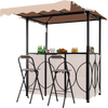 Outdoor BBQ gazebo with awning, includes bar table and two foldable chairs for versatile patio use.