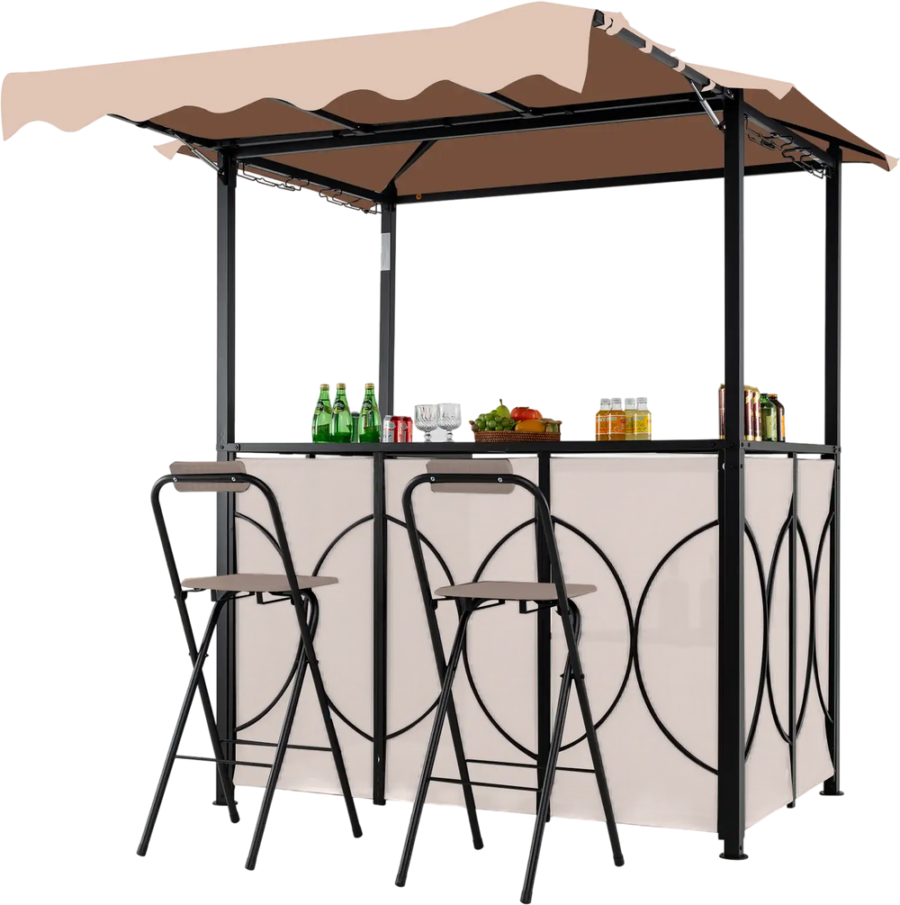 Outdoor BBQ gazebo with awning, includes bar table and two foldable chairs for versatile patio use.
