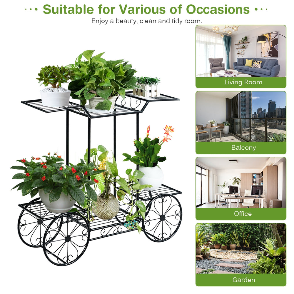 6-tier garden cart flower rack in black, perfect for displaying plants indoors or outdoors on patios and balconies.