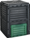 80-gallon outdoor composter with large open lid and bottom exit door for easy access to compost and fertilizers.