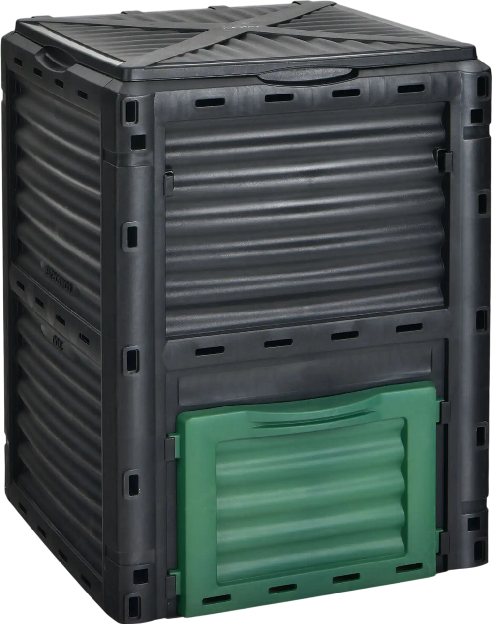 80-gallon outdoor composter with large open lid and bottom exit door for easy access to compost and fertilizers.