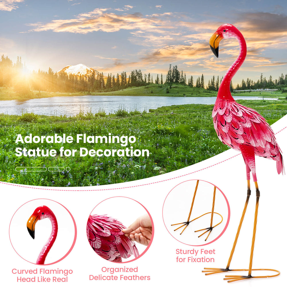Curved flamingo garden statue with delicate feathers, made of rustproof metal, ideal for backyard decoration.