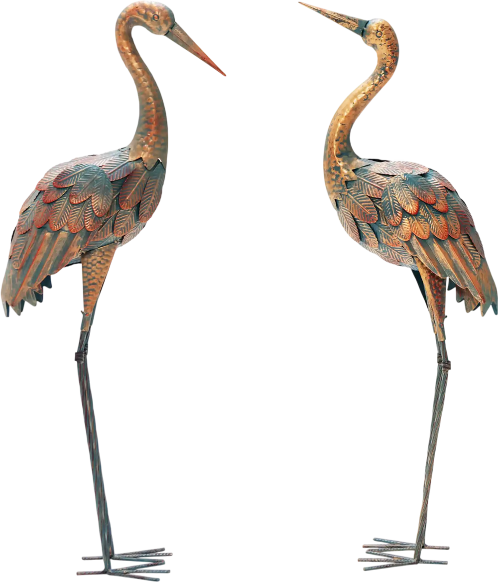 Set of 2 Crane Garden Statues Standing Metal Crane Sculptures Bird