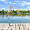 Set of 2 standing metal crane garden statues with U-shaped stakes, featuring detailed feathers for charming outdoor.