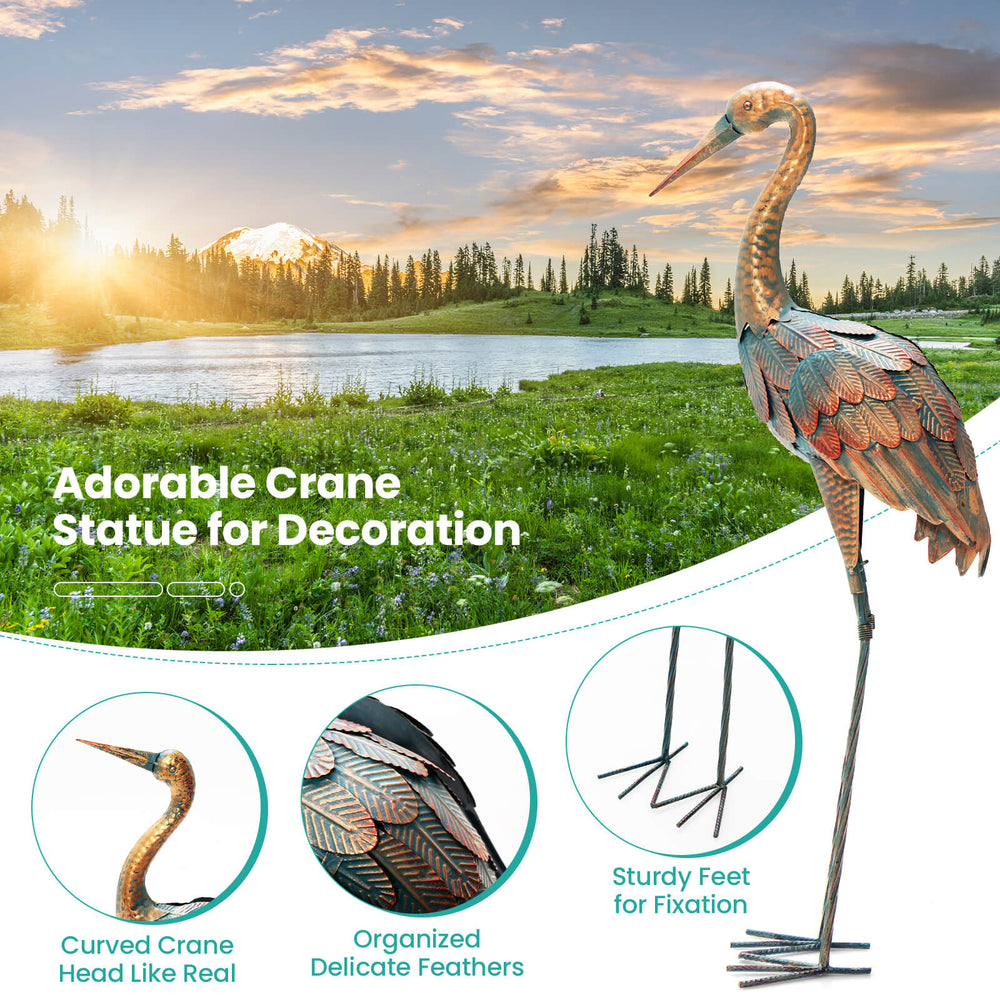 Standing metal crane garden statue with curved head and delicate feathers, perfect for backyard decoration.