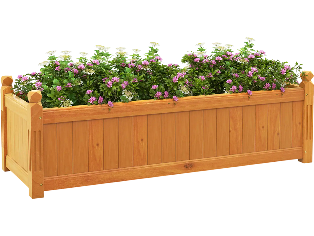 Wooden rectangular garden bed made of fir wood with drainage system, ideal for outdoor planting in gardens or balconies.