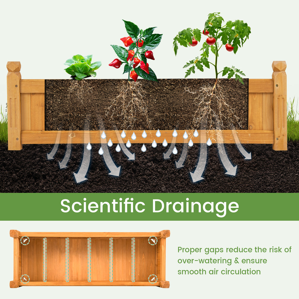 Wooden rectangular garden bed with drainage system, made of fir wood, 19.5-gallon capacity, ideal for outdoor planting.