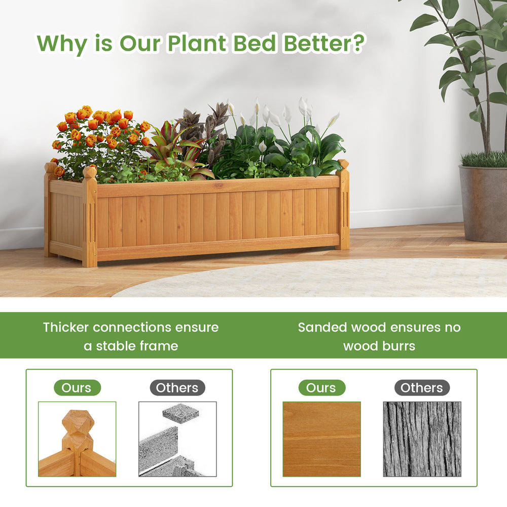 Wooden rectangular garden bed made of fir wood with drainage system, ideal for outdoor gardens and balconies.