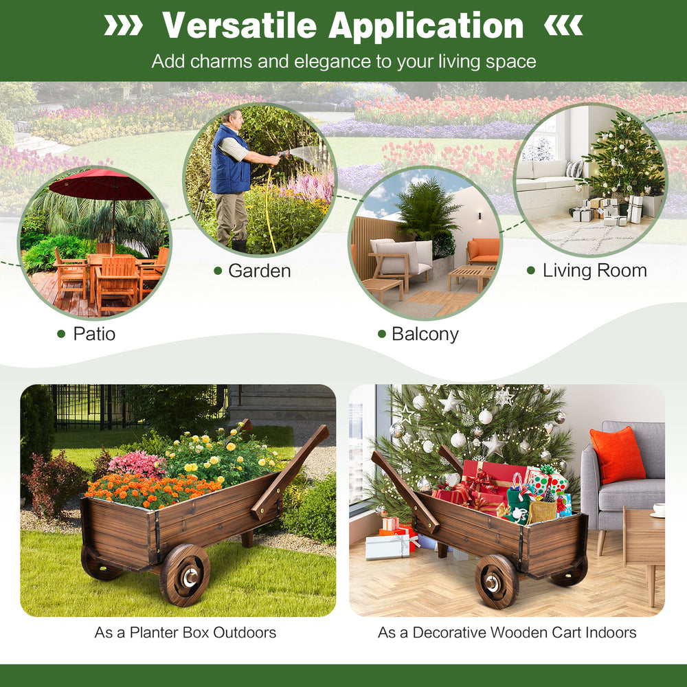 Wooden wagon planter box with wheels in rustic brown, ideal for outdoor gardening or indoor decoration with plants.