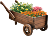 Wooden wagon planter box in rustic brown with flowers, featuring wheels and drainage hole for indoor or outdoor use.