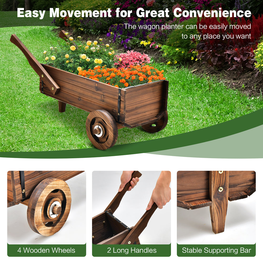 Wooden wagon planter box with wheels and handles in rustic brown, ideal for displaying plants and easy to move outdoors.
