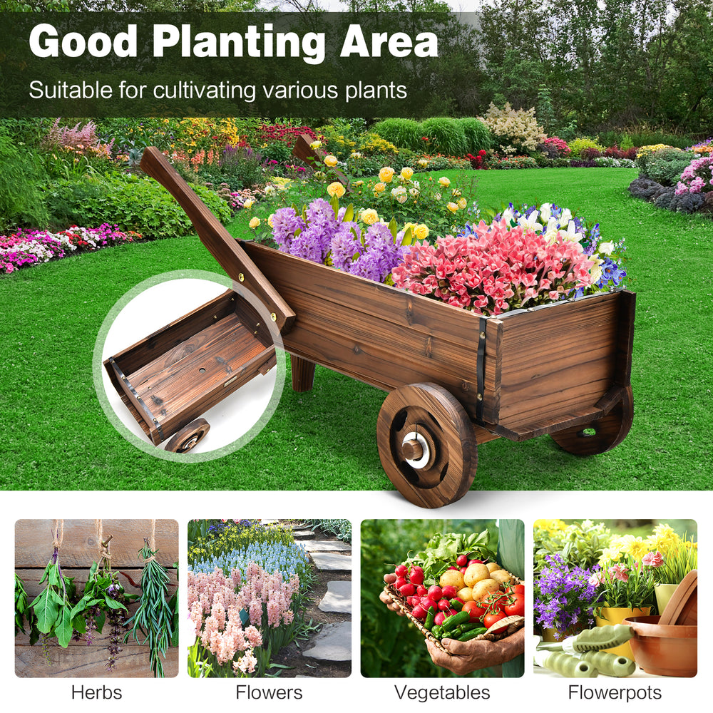 Wooden wagon planter box with wheels, crafted from carbonized fir wood, ideal for displaying flowers and plants.