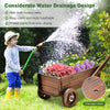 Wooden wagon planter box with wheels, rustic brown, featuring drainage holes for healthy plant growth and easy mobility.