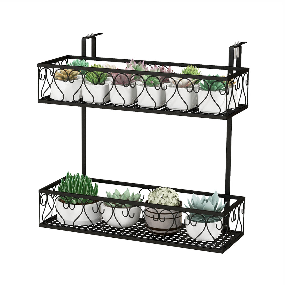 Two-tier flower pot holder with adjustable hooks, featuring a metal frame and elegant curved patterns for outdoor use.