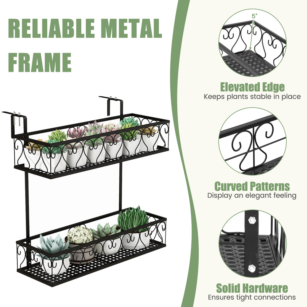 Flower pot holder with adjustable hooks and 2 planter baskets, featuring a sturdy metal frame for outdoor use.