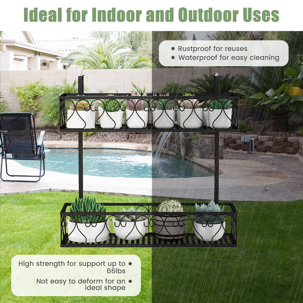 Two-tier flower pot holder with adjustable hooks, featuring a sturdy metal frame for outdoor and indoor plant display.