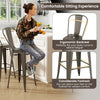 Stackable metal bar stool with removable backrest, ergonomic design for comfort, ideal for dining rooms and cafes.