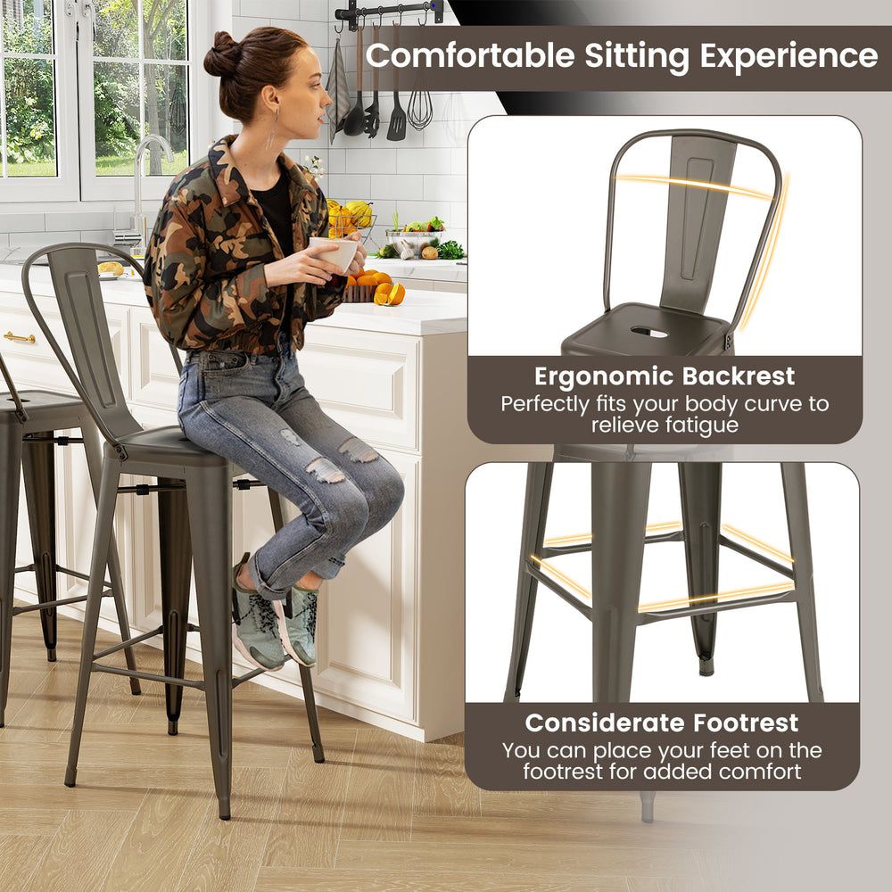 Stackable metal bar stool with removable backrest, ergonomic design for comfort, ideal for dining rooms and cafes.