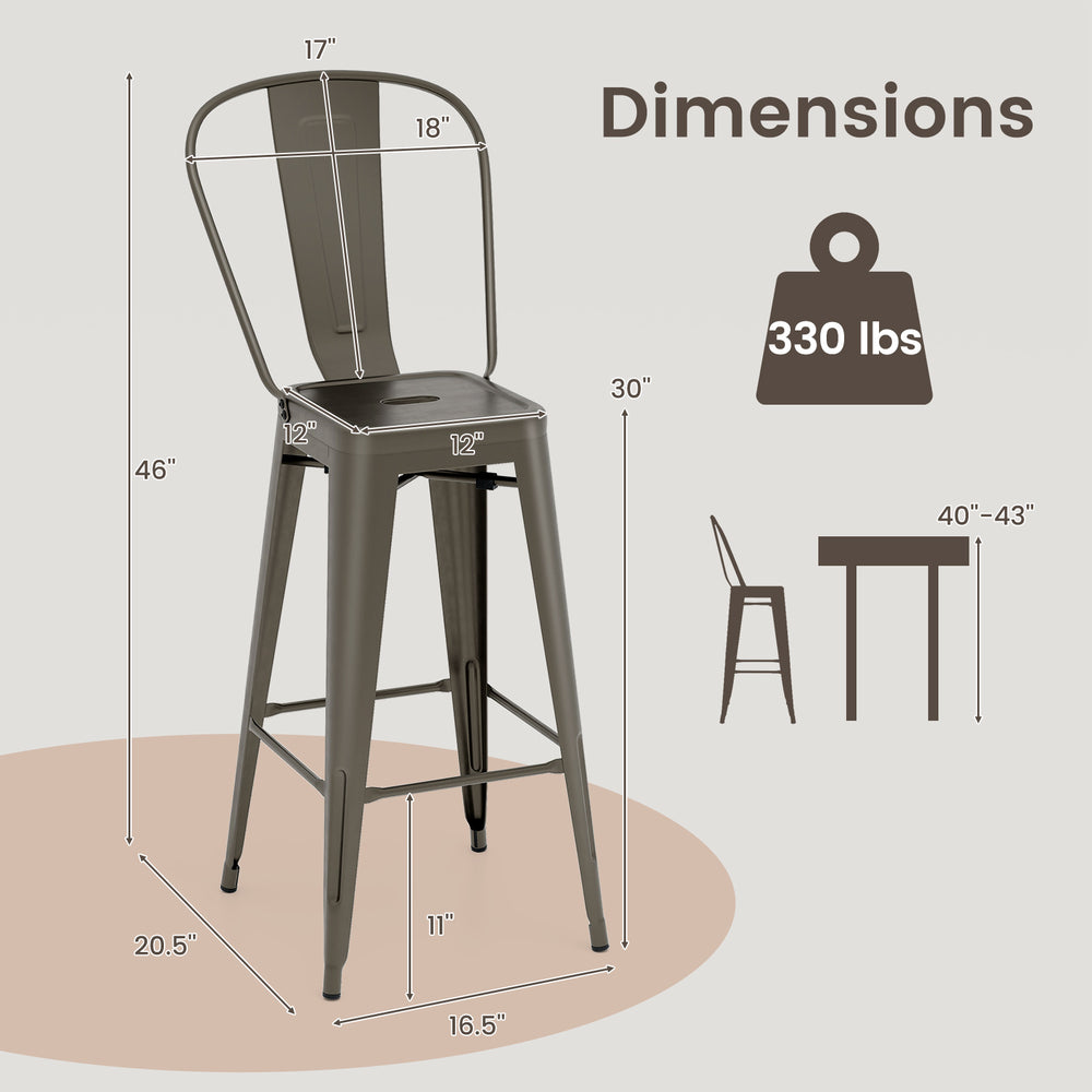 Stackable metal bar stool with removable backrest, gun color, featuring ergonomic design and heavy-duty frame for.