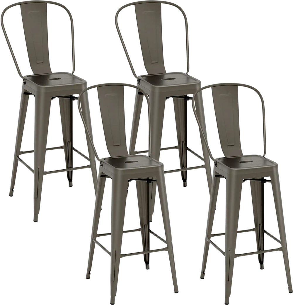 Set of 4 stackable metal bar height chairs with removable backrest in gun color, ideal for dining and cafes.