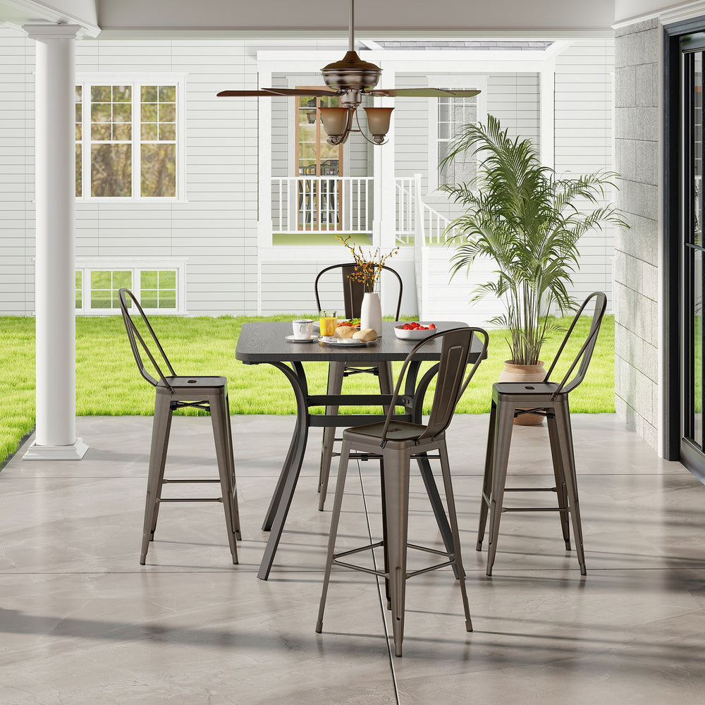 Set of 4 stackable metal bar height chairs with removable backrests, featuring a gunmetal finish for versatile dining.