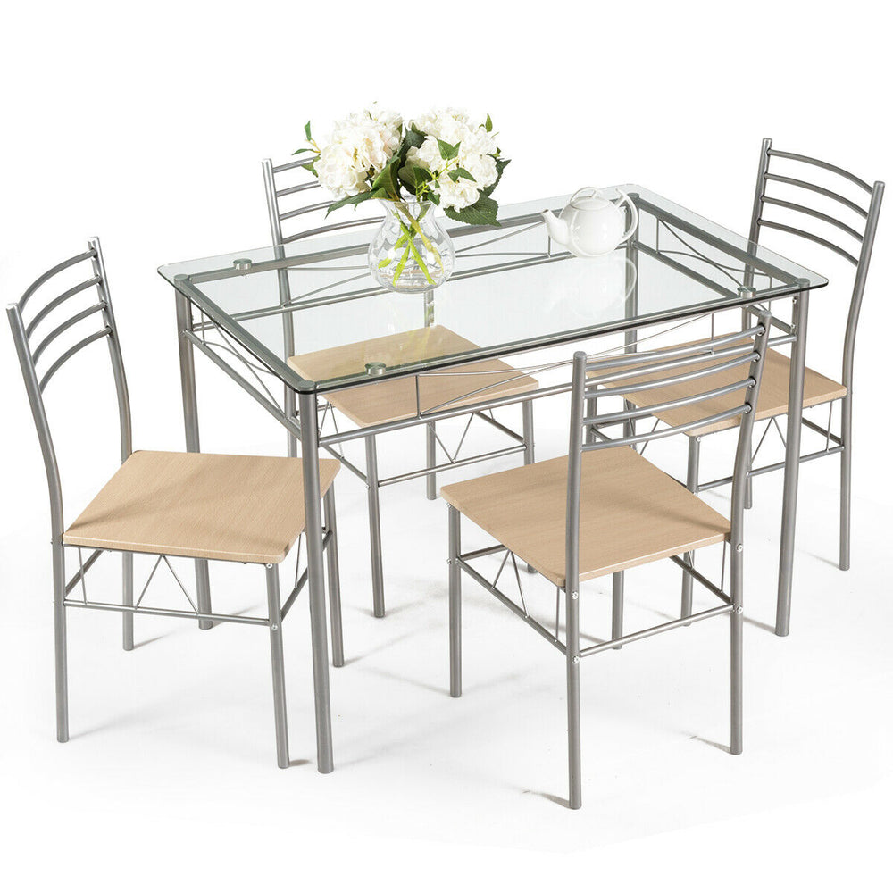 5-piece dining set featuring a glass table and 4 metal chairs with a minimalist design, perfect for kitchens and.
