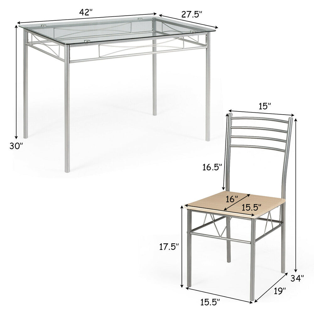 Dining set featuring a glass table and four high back chairs, designed for durability and easy cleaning in modern.