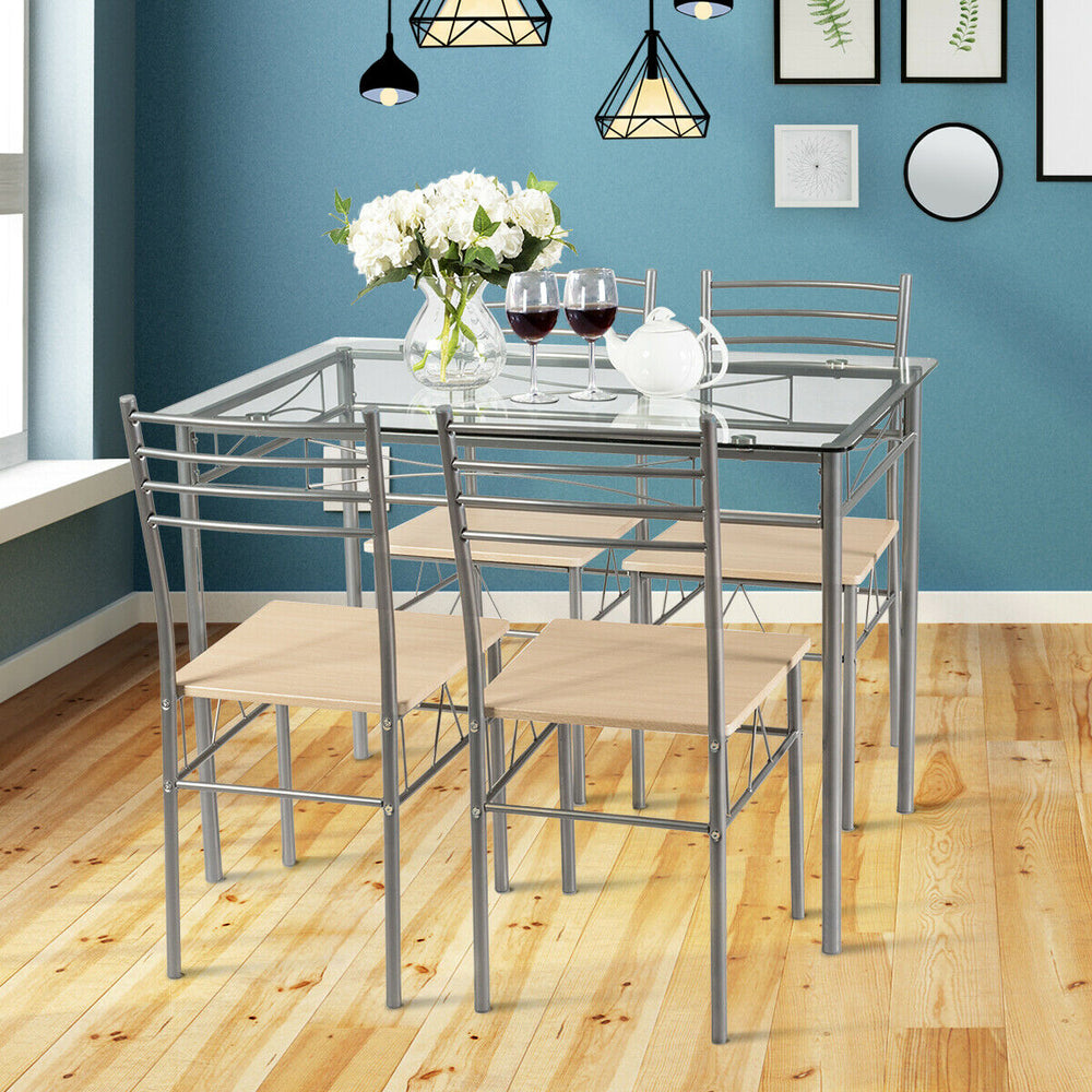 5-piece dining set featuring a glass table and 4 metal chairs, perfect for modern kitchens and restaurants.