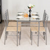 Dining set featuring a glass table and four metal chairs, perfect for modern kitchens and restaurants.