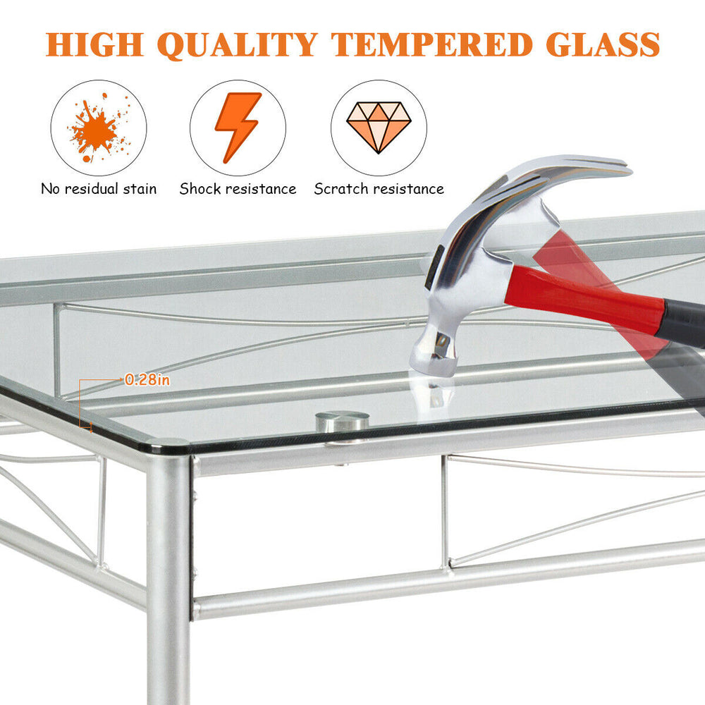 Tempered glass tabletop detail of a 5-piece dining set with a sturdy metal frame, ideal for modern kitchens and.