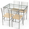 Dining set featuring a glass table and four metal chairs, perfect for kitchens and restaurants with a modern design.