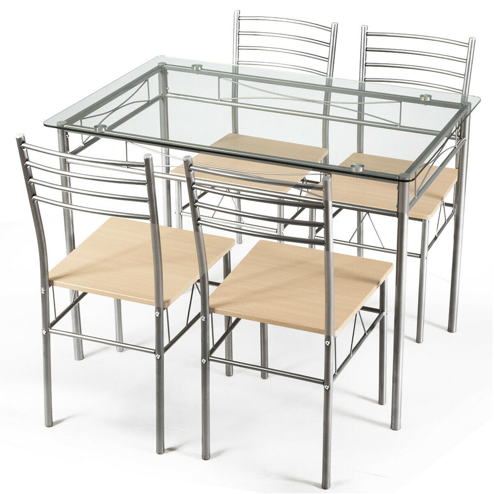 Dining set featuring a glass table and four metal chairs, perfect for kitchens and restaurants with a modern design.
