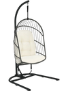 Single hanging wicker egg chair with beige cushions, featuring a c-type base for enhanced stability and safety.