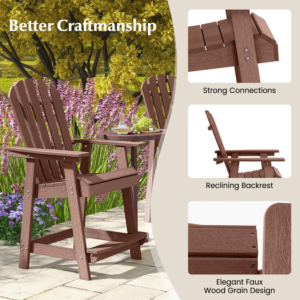 HDPE patio chair with armrest and footrest, featuring elegant faux wood grain design for outdoor relaxation.