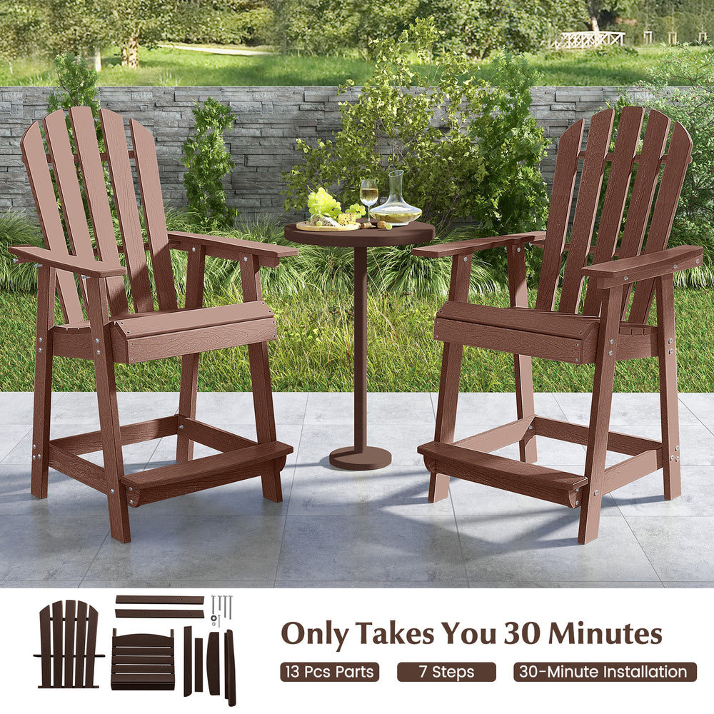 Two HDPE patio chairs with armrests and footrests, featuring a faux wood grain design, ideal for outdoor relaxation.