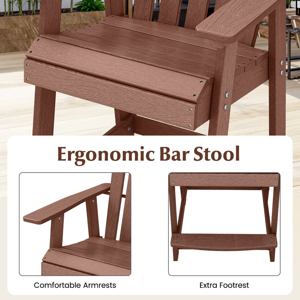 Ergonomic HDPE patio bar stool with armrests and footrest, featuring a faux wood grain design for outdoor relaxation.